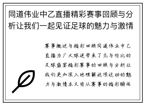 同道伟业中乙直播精彩赛事回顾与分析让我们一起见证足球的魅力与激情
