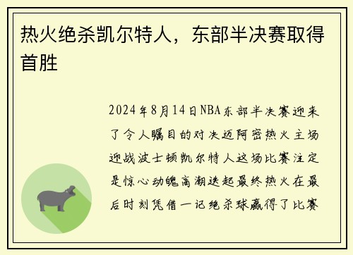 热火绝杀凯尔特人，东部半决赛取得首胜